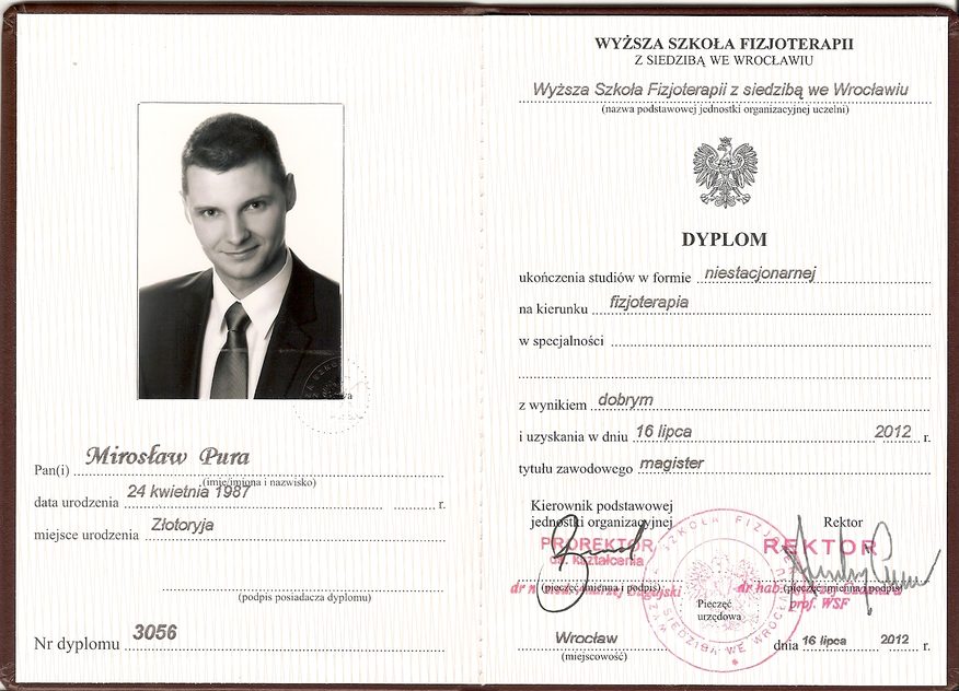 Dyplom magistra fizjoterapii - Mirosław Pura